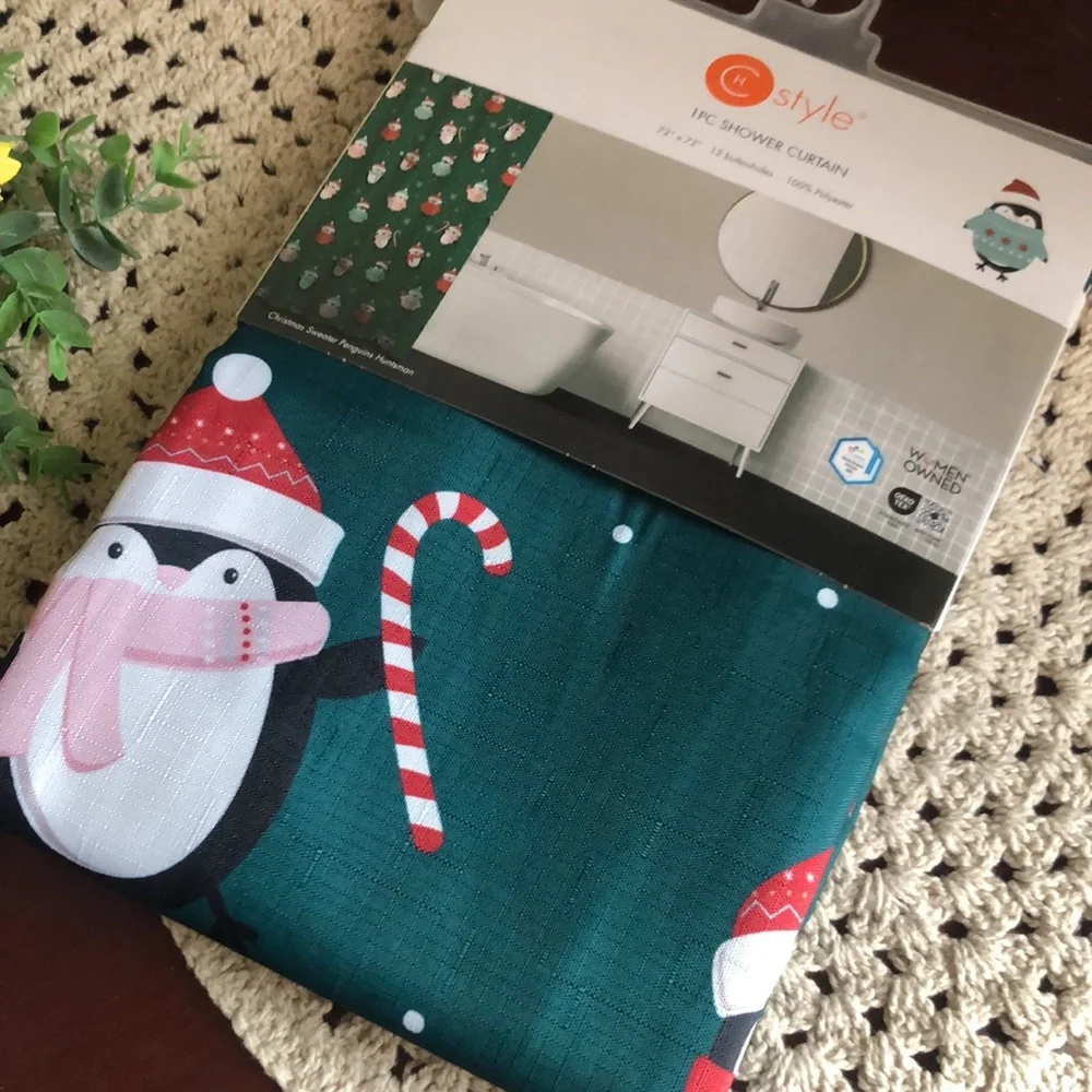 Holiday Penguin Shower Curtain with Santa Hats